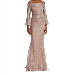 Robert Talbott Off-Shoulder Metallic Blush Gown